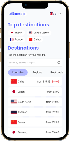 Roamance app eSIM list screen