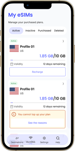 Roamance app eSIM detail screen