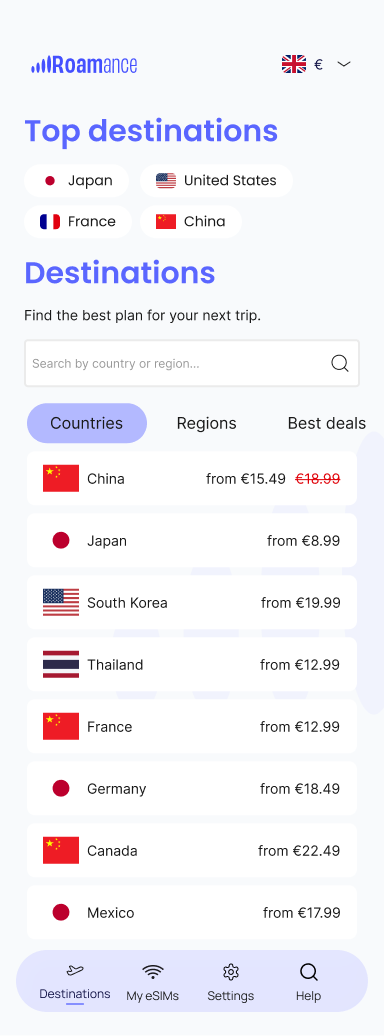 Roamance app eSIM list screen